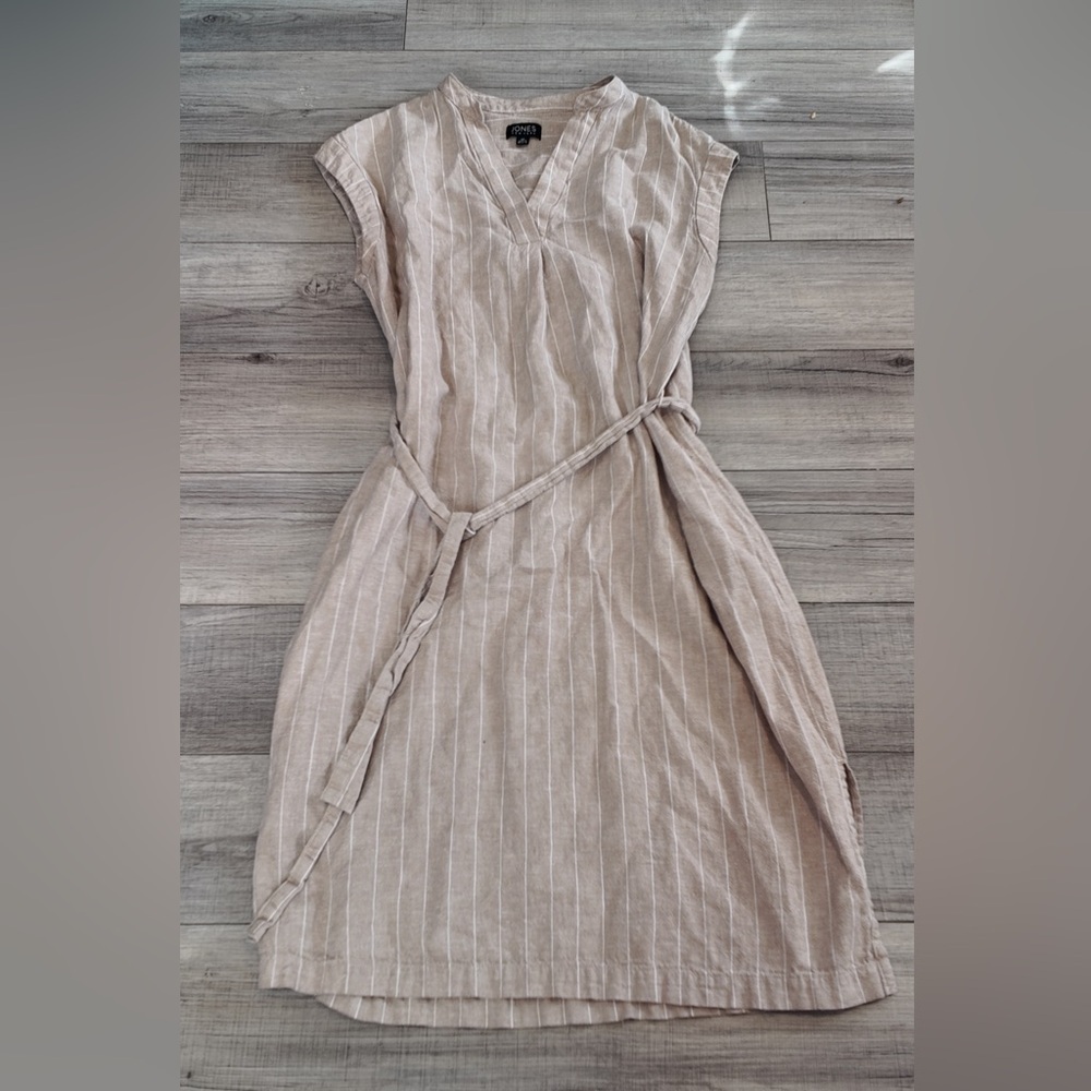 Jones New York Beige Khaki Sleeveless Striped Dress w/Tie Belt - Size 10